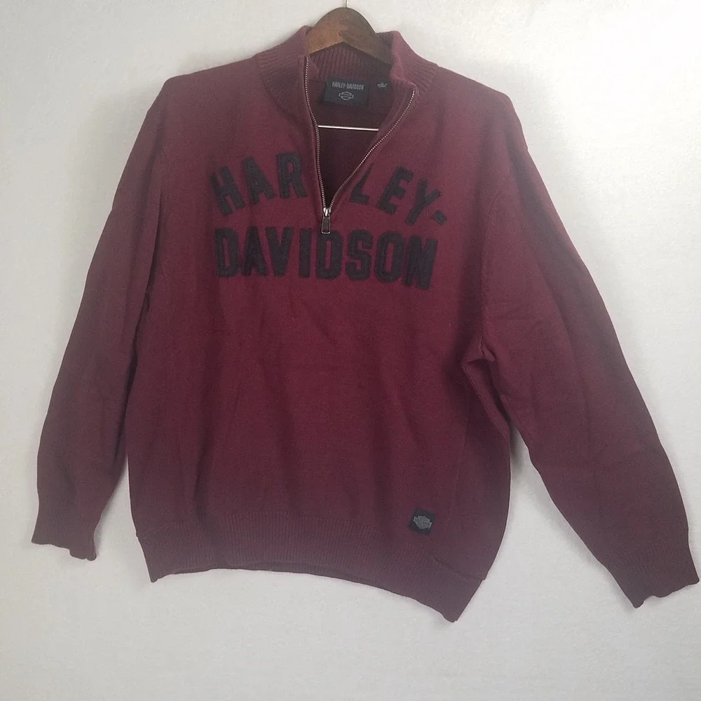 Harley Davidson Quarter Zip Sweater Mens XL Burgundy Excellent Cotton Wool Logo